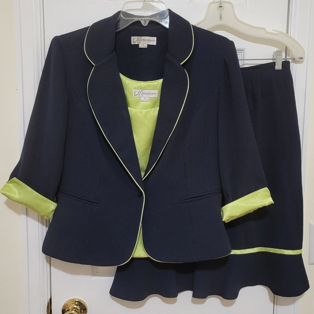 Dressbarn 3 Piece Skirt Suit Set Navy Blue Lime Green Dot Blazer Skirt Top 12
